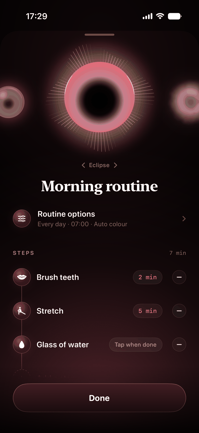 Orbit routine editor with the orb style carousel on Eclipse, the routine's options and its steps